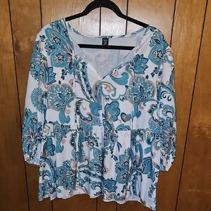 SHEIN Teal and White Floral Blouse